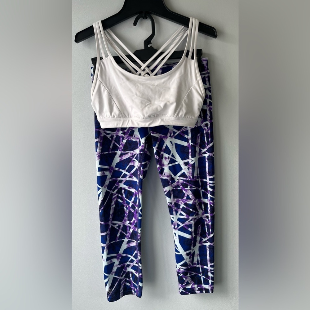 Athleta womens XS white sport bra & purple geometric activewear leggings bundle - Picture 1 of 16